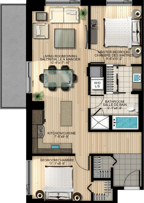 Floor plan for 2 beds, 1 bath, 912 sqft